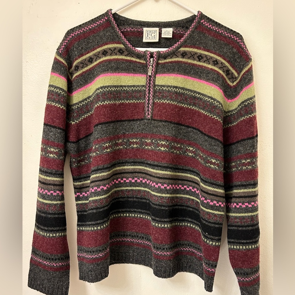 Vintage Field Gear Quarter Zip Striped Red Gray wool  Sweater Size Large